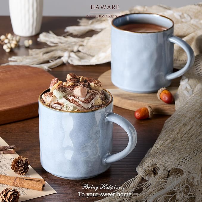 HaWare 14OZ Coffee Mugs Set of 6, Stoneware Coffee Cups with Handle, Latte Mug for Man, Woman, Dad, Mom, Modern Tea Mugs for Latte/Cappuccino/Cocoa/Milk, Dishwasher& Microwave Safe, Reactive Blue