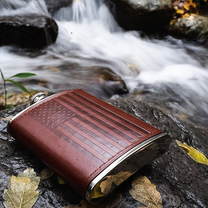 Leather American Flag Hip Flask - Leak Proof Food Grade Stainless Steel for Whiskey or Bourbon Liquor | Bonus Funnel (USA 8 Ounce Flask, Brown Leather Wrap)