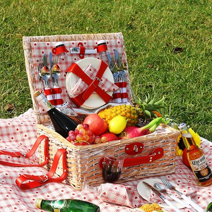 Picnic Basket Set for 4 with Waterproof Blanket Mat Insulation Bag Wicker Floral Pink Red Love Plaid Cute Kawaii Gift for Wedding Birthday Summer Camp Outdoor Camping Beach Travel Christmas