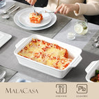 MALACASA 4.4 Quart Baking Dish With Lid, Porcelain Casserole dish with Lid, 13 x 9 Lasagna Pan Deep with Lid, Rectangular Bakeware With Handle, Microwave, Oven Safe, White, Series BAKE