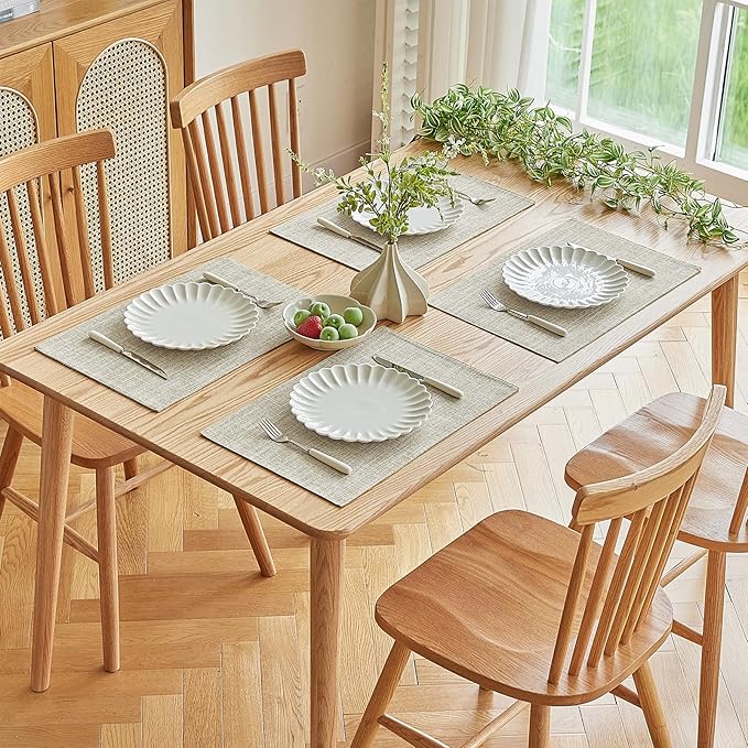 Softalker Faux Linen Placemats Set of 4-12 x 18 Inch, Heat Resistant Double Layered Durable Burlap Farmhouse Place Mats, Non-Slip Washable Rustic Table Mats for Dining, Kitchen, Party（Beige