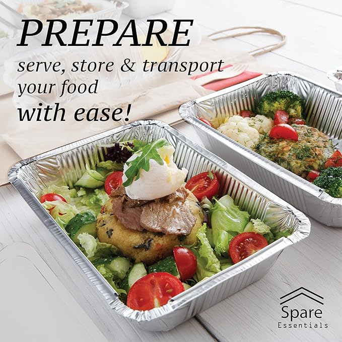 Spare Essentials 110 Pack - 2.25LB Aluminum Pans with Cardboard Lids - To go Foil Containers with Lids - Disposable Food Containers - Foil Take Out - Meal Prep Trays Foil Tins Freezer Meals Comercial