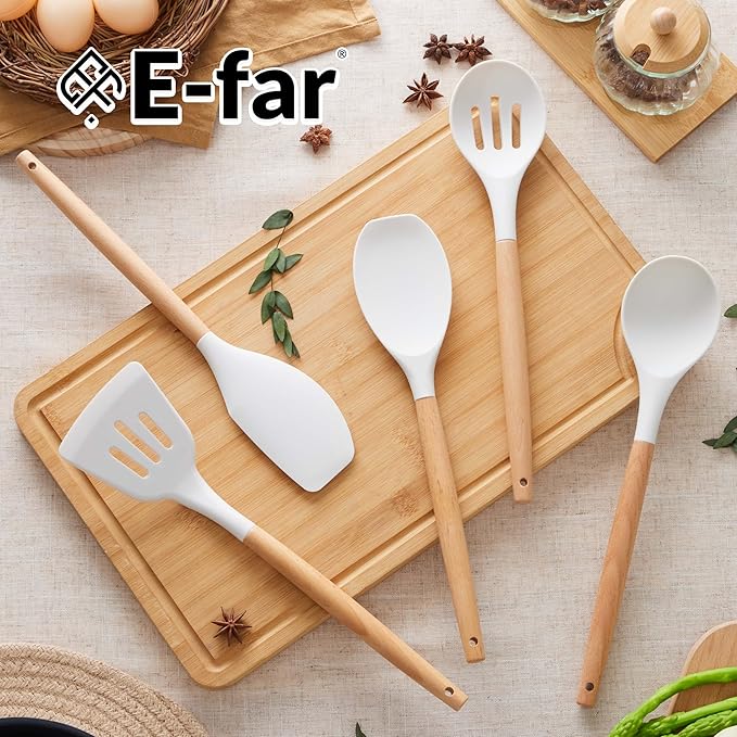 E-far Silicone Cooking Utensils Set, 5-Piece Kitchen Utensils Set with Wooden Handle for Cooking, Silicone Kitchen Nonstick Tools Spatula Turner Slotted Spoons, Nontoxic & Heat Resistant-White