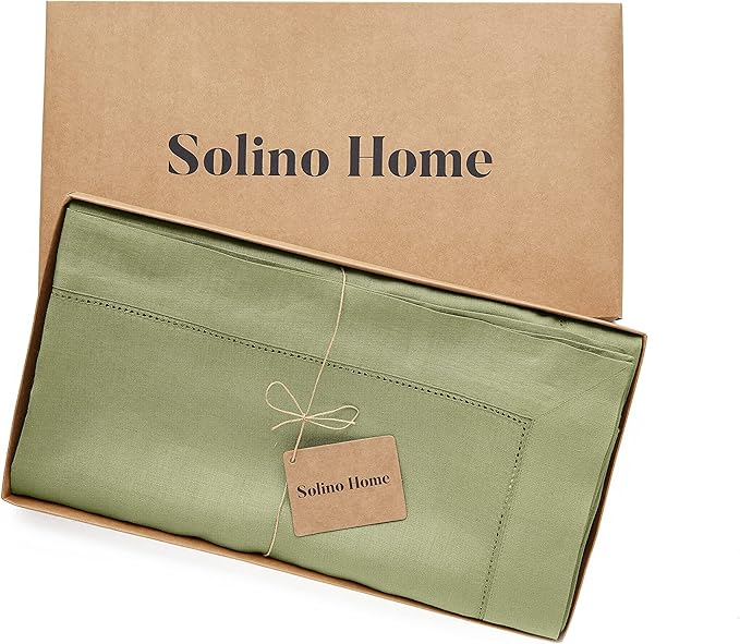 Solino Home Linen Tablecloth 60 x 90 Inch - Classic Hemstitch 100% Pure Linen Moss Green Table Cloth for Rectangle Tables - Machine Washable Tablecloth for Summer, Fall, Autumn