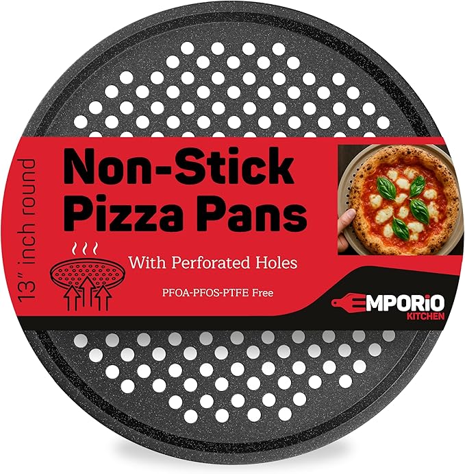 Non-Stick Pizza Pan 1 Pack, 13 Inch Round Carbon Steel Pizza Tray with Perforated Holes for Crispy Crust, PFOAPFOSPTFE Free, Dishwasher & Oven Safe Up To 450°F, Durable Nonstick Gray Marble Coating