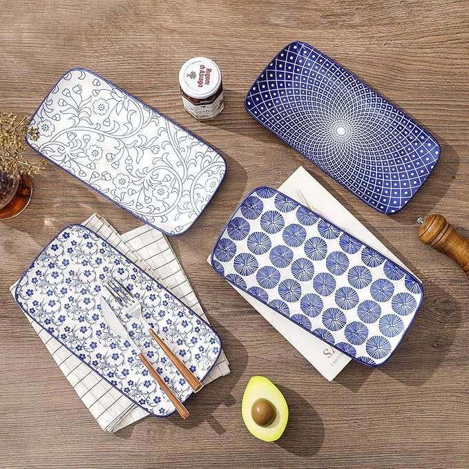 Selamica Ceramic Rectangular Serving Platters Set of 4, 12 Inch Serving Trays/Dishes for Party Entertaining, Rectangular Dinner Plates for Appetizer Salad Dessert Sushi, Vintage Blue