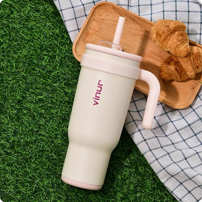 VINUR 40 oz Insulated Tumbler with Handle|Leak-Proof Lid|18/8 Stainless Steel Vacuum Coffee Mug Cup for Travel with Rubber Base | Cup Holder Friendly| Gifts for Women, Cream