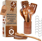 Wooden Spoons for Cooking Utensils, Natural Teak Wooden Cooking Spoons with Nonstick Spatula Set, Bamboo Kitchen Utensils With Holder, Wood Spoon Set for Kitchen Essentials (9)