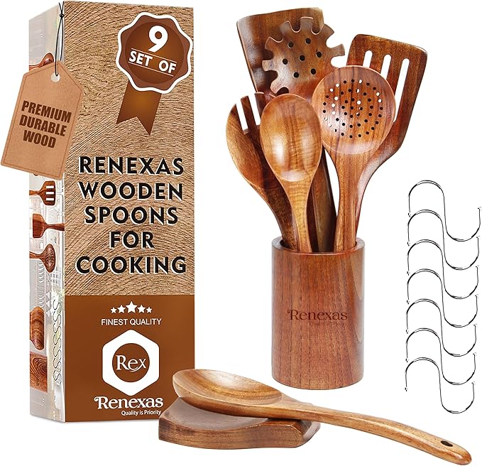 Wooden Spoons for Cooking Utensils, Natural Teak Wooden Cooking Spoons with Nonstick Spatula Set, Bamboo Kitchen Utensils With Holder, Wood Spoon Set for Kitchen Essentials (9)