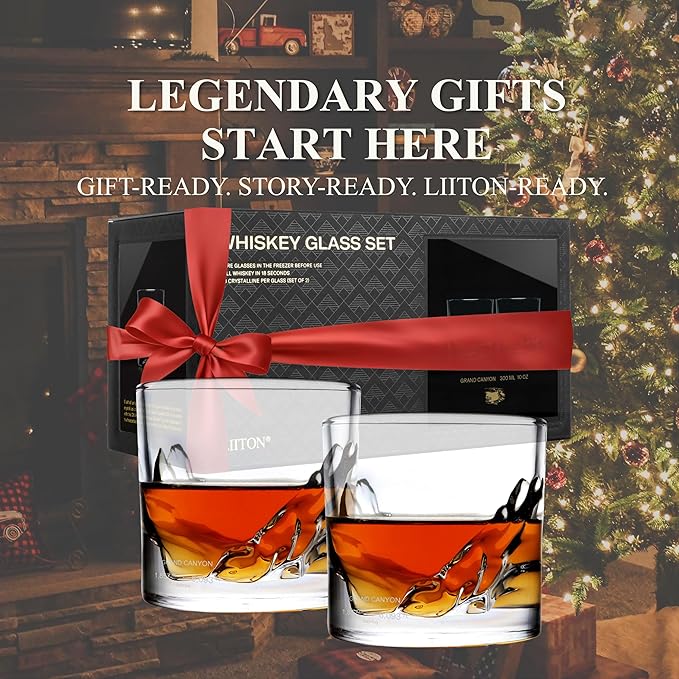 LIITON Grand Canyon Heavy Crystal Whiskey Glasses Gift Set of 2, Thick Freezable Bourbon Glass 1lb Each, Premium Whiskey Gifts for Men, Frozen Crystal Chills Cocktails, 10 oz