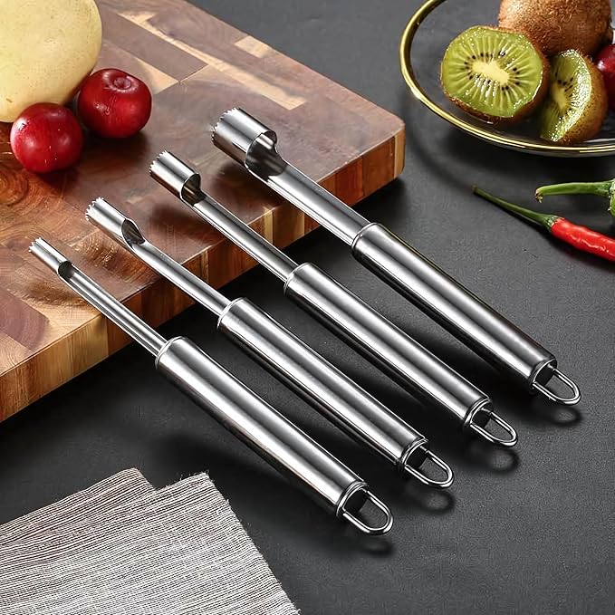 Corer and Pitter Set of 4, Multi-Function Corer and Pitter Remover Set, Stainless Steel Core Remover Tool for Apple, Pear, Cherry, Jujube, Red Dates or More with Sharp Serrated Blade