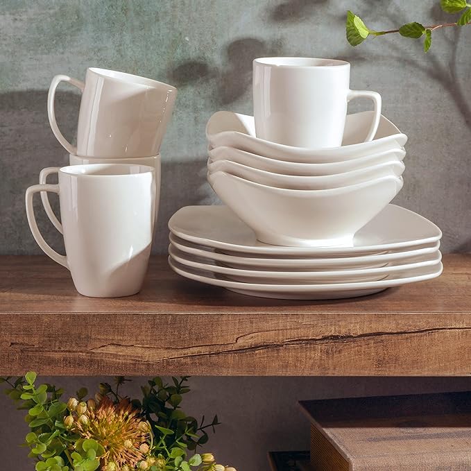 Gibson Home Amelia Court Porcelain Chip and Scratch Resistant Dinnerware set, Service for 4 (12pcs), White (Soft Square)