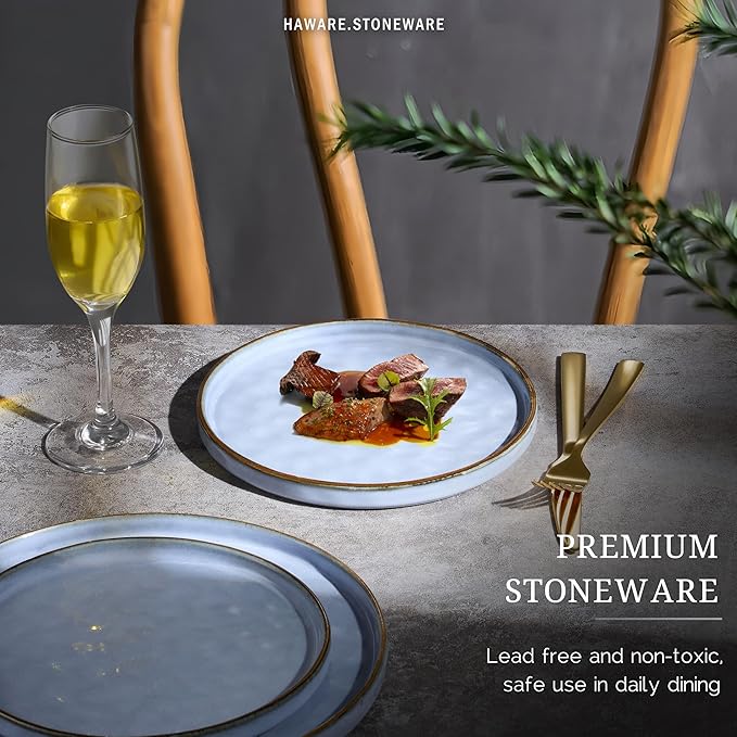HaWare Stoneware Plates Set of 6, 7.9" Salad Plates, Reactive Glaze Ripple Ceramic Dish Set for Appetizer, Dessert, Scratch Resistant, Small Dinner Plate, Microwave and Dishwasher Safe, Reactive Blue