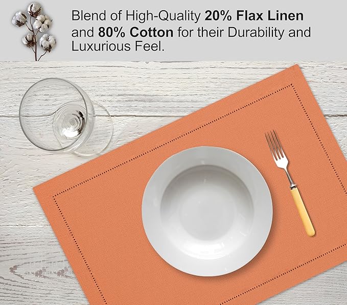 Ruvanti Linen Placemats Set of 6-13x19 Inch, Classic Hemstitch, Heat ‎Resistant Machine Washable Place Mats, Soft & Elegant- Perfect for Christmas, ‎Thanksgiving, Easter, Weddings, Dinner - Orange