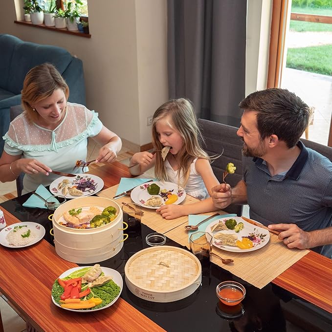 2 Tier Bamboo Steamer- 10" Baskets With Handle, Silicone Liner, Adapter, Molder Press For Cooking Vegetables Dumpling Press & Dough Cutter for Steaming Chinese Asian Food & Bao Bun, Dim Sum Potsticker