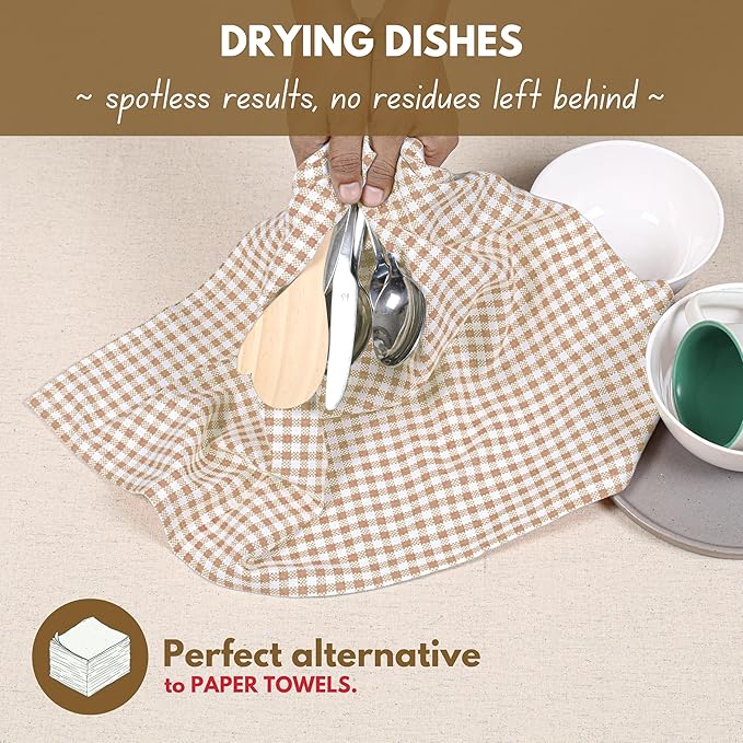 Native Fab 6 Pack Gingham Mini Check Kitchen Hand Towels Set - 100% Cotton Absorbent Reusable Washable 16"x26" - Quick Drying Dish Towels with Hanging Loops for Kitchen, Home, Bar, Beige White