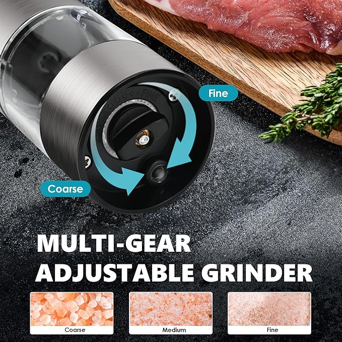 EUHOMY 2 Pack Electric Salt and Pepper Grinder Set USB Rechargeable with LED Light and Base，Adjustable Coarseness, Stainless Steel Automatic Salt Pepper Mill Grinder, One Handed Operation, Kitchen