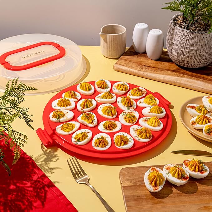 Classy Deviled Egg Carrier with Lid & Handles - Tray Platter for Holidays, Parties - Portable Container for 22 Eggs - Dishwasher-Friendly - Red