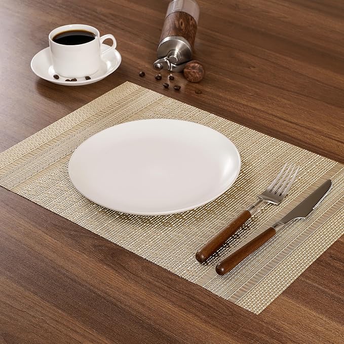 Leetaltree Stardust Yellow Placemats Set of 6 - Heat Resistant Non-Slip Place mats for Dining Table, Washable Durable PVC Vinyl Woven Table Mats（Stardust Yellow, 6）