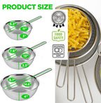 Premium 18/8 304 Stainless Steel Strainer Set of 3 with Long Handle, Micro-Perforated Colanders 1.5-2.5-4 Quart Set, Self-Draining Solid Base for Pasta, Fruits, Vegetables, Made in Korea