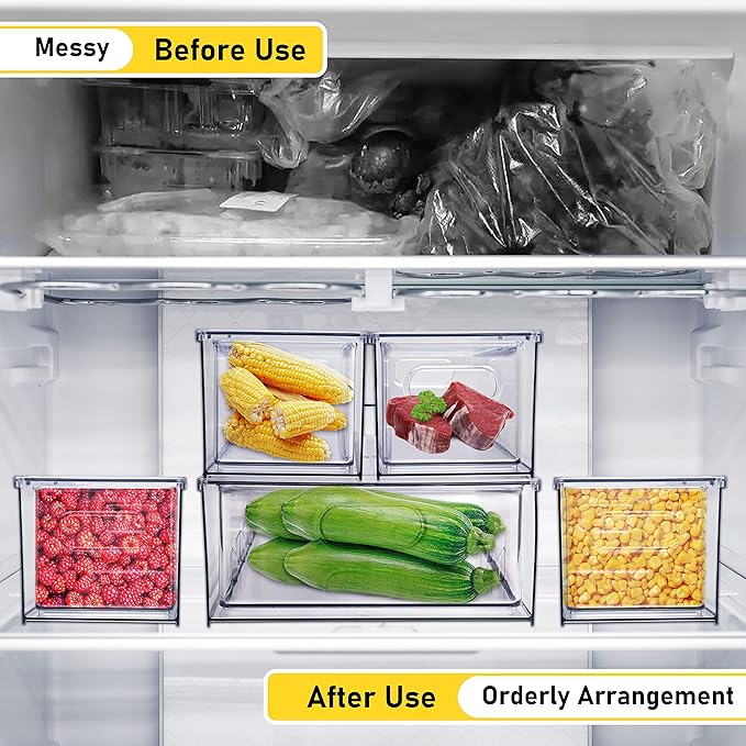 3 Pack Refrigerator Organizer Bins with Pull-out Drawer Stackable Clear Fridge Drawer Organizer Fruit Vegetable Storage Containers for Kitchen Pantry Organization (1 Large+2 Small)