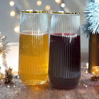 24 Pack Ribbed Ripple Stemless Toasting Glasses, Origami Durable 9 Oz BPA-Free Disposable Plastic Champagne Flutes for Weddings, Bars, Events, and Celebrations (Gold Rim)