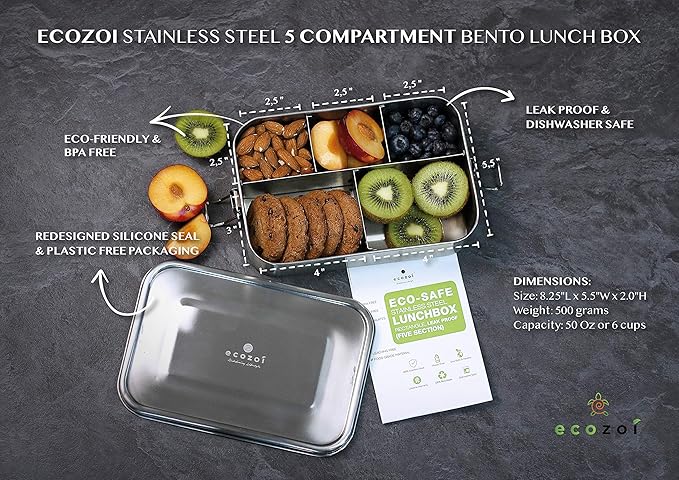 Stainless Steel Lunch Box, 1-Tier Metal Bento Box Leak Proof with 5 Compartments, 50 Oz Metal Lunch Container, Meal Prep Food Container, with 50 ml Sauce Container