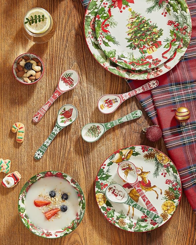 Christmas Spoons, Ceramic Small Serving Spoons for Soups, Cereal, Ice Cream, Condiments, Dips, Charcuterie Boards, Dishwasher & Microwave Safe, Watercolor, Set of 6