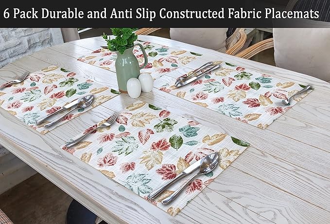 Ruvanti Placemats 100% Cotton 13x19 Inch, Dining Table Placemats Set of 6, Modern Place Mats for Dining Table Decor, Kitchen & Table Linens, Coffee Mat for Christmas Dinners - Stamped Leaves
