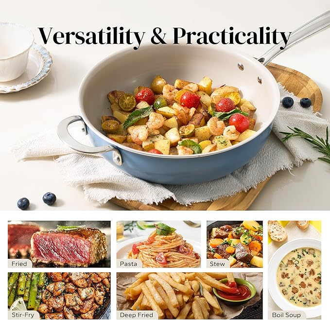 Redchef Ceramic Saute Pan with Lid, Nonstick Deep Frying Pan, 5QT Jumbo Cooker with Helper Handle & Lid, Non Toxic Ceramic Cooking Pan, Chef Pan, Dishwasher & Oven Safe, PFAS PFOA & PTFE Free（Blue）