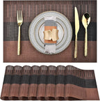 Placemats Set of 8 - Easy Clean Modern Durable Washable Vinyl Place Mats - Heat Resistant Placemats for Kitchen Table - PVC Table Mats for Dining Table (Brown Black, 8)