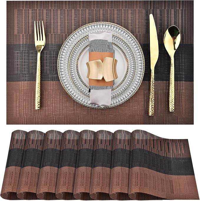 Placemats Set of 8 - Easy Clean Modern Durable Washable Vinyl Place Mats - Heat Resistant Placemats for Kitchen Table - PVC Table Mats for Dining Table (Brown Black, 8)