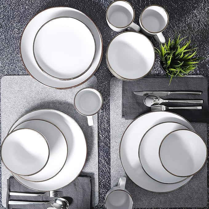 Gibson Home Rockaway Round Stoneware Dinnerware Set, Service for 4 (16pcs), Matte White/Metallic Rim