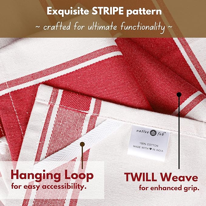 Native Fab Red Striped Dish Towels 18"x28", 6 Pack, Wide Stripe, Highly Absorbent, Fast Dry, 100% Cotton Hand Towels for Drying Dishes, Glassware, Dishcloth Set, Kitchen Cleaning Towel - Red