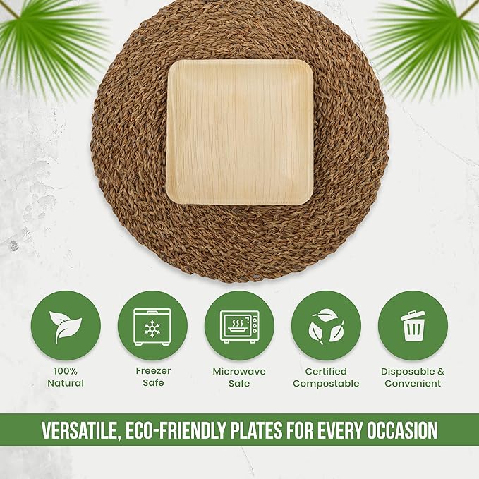Palm Leaf Plates 10 Inch (50-Pack), Square Bamboo Plates Disposable, Heavy Duty Compostable & Biodegradable Wooden Plates for Party, Catering Events, Weddings, & Dinnerware