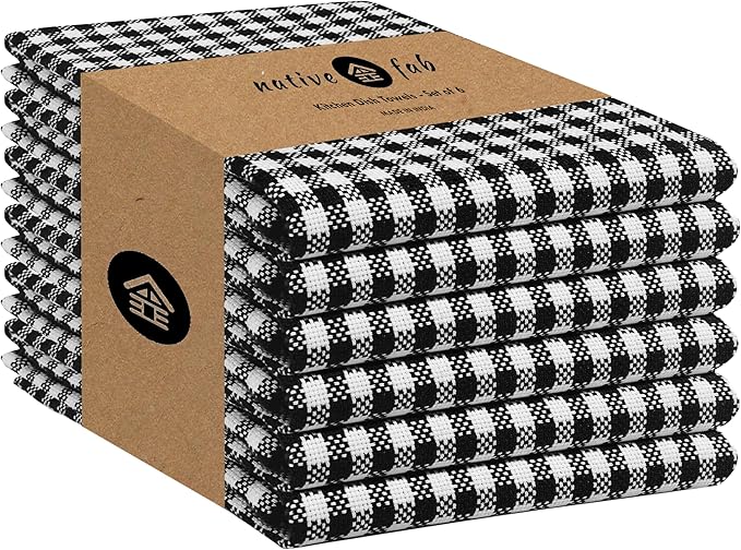 Native Fab 6 Pack Gingham Mini Check Kitchen Hand Towels Set - 100% Cotton Absorbent Reusable Dishcloths 16"x26" - Quick Drying Dish Towels with Hanging Loops for Kitchen, Black White