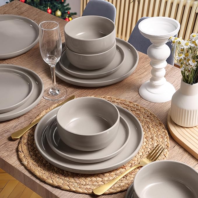 HaWare Stoneware Dinnerware Sets, 18-Piece Plates and Bowls Set for 6, Dishes Set for Home Restaurant, Speckled Cream Coffee