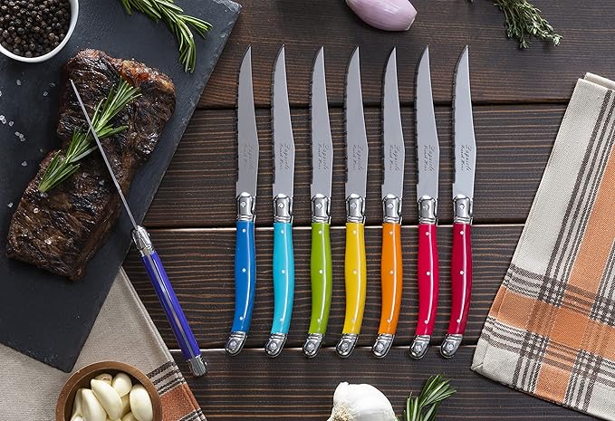 French Home Laguiole 8-Piece Steak Knife Set – Sophisticated Stainless Steel Dinner Knives with Rainbow Handles & Iconic Bee Emblem – Serrated Knives for Smooth Cutting (9.25")