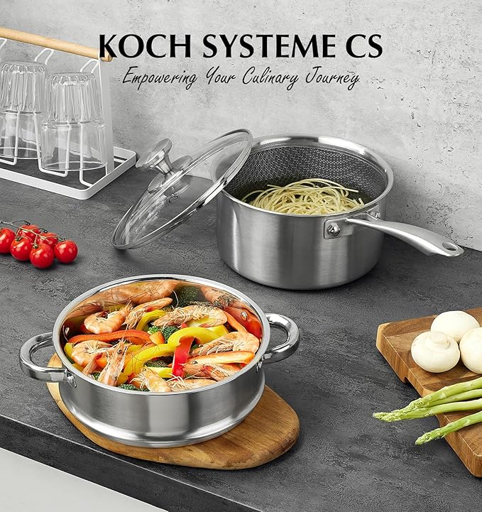 KOCH SYSTEME CS Hybrid Nonstick Stainless Steel Sauce Pan with Steamer Insert, 18/10 Steel 2QT Sauce Pan with Lid, Triple Stainless Steel Pot with Honeycomb Interior, Induction Compatible & Oven Safe