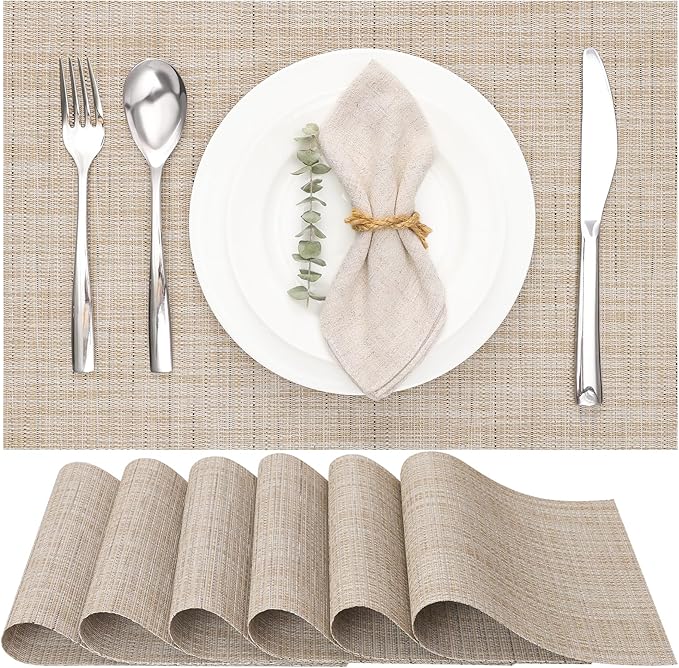 Myir JUN Placemats Set of 6, Vinyl Woven Placemats Place Mats Indoor Washable Table Mats Non-Slip Place mats for Dining Table (Beige, Set of 6)