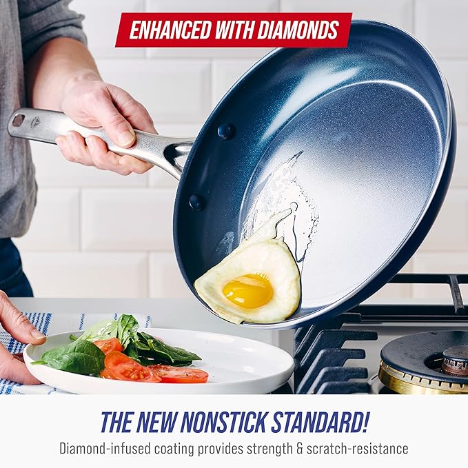 Blue Diamond 20 Piece Nonstick Cookware Set, Diamond Ceramic Pots & Pans, Dishwasher & Metal Utensil Safe, Non Toxic PFAS-Free, Kitchen Cooking Sauce & Saute Pans, Oven & Broiler to 600F, Blue