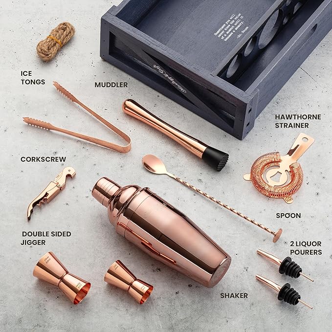 Mixology & Craft 11-Piece Cocktail Shaker Set, Bartender Kit with Stand, Stainless Steel Bar Tools, Dual Jiggers, Muddler & Pourers, Wood Display for Home Bar - Gift Ready (Copper)