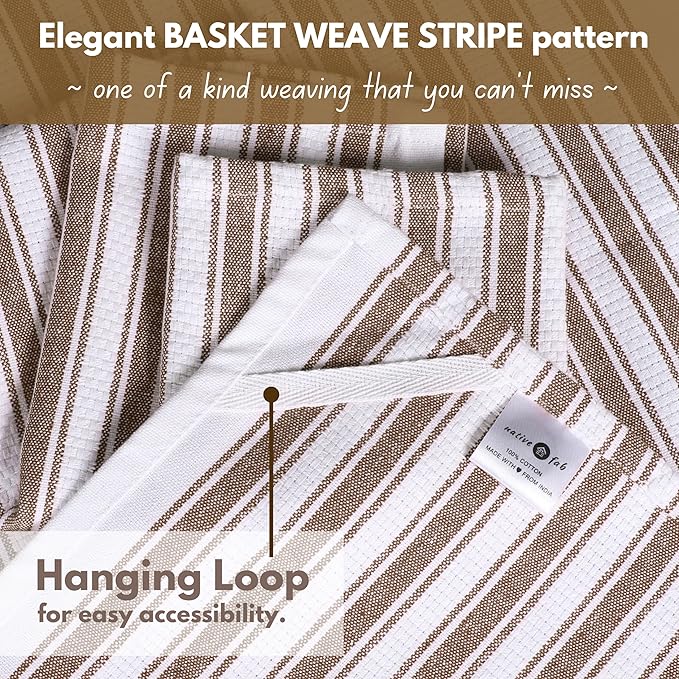 Native Fab Stripe Kitchen Towel - 4 Pack - Basket Weave 100% Cotton Dish Towels - 16x26 inches - Absorbent Towels for Cleaning, Quick Drying, Washable Dish Cloths with Hanging Loop - Brown