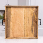 24"x24" Extra Large Square Ottoman Tray, Heavy Duty Mango Wood, for Serving Tea, Breakfast in Bed, Living Room Large Coffee Table Tray Rustic with Farmhouse Style, Decorative Handles and Accent Strap