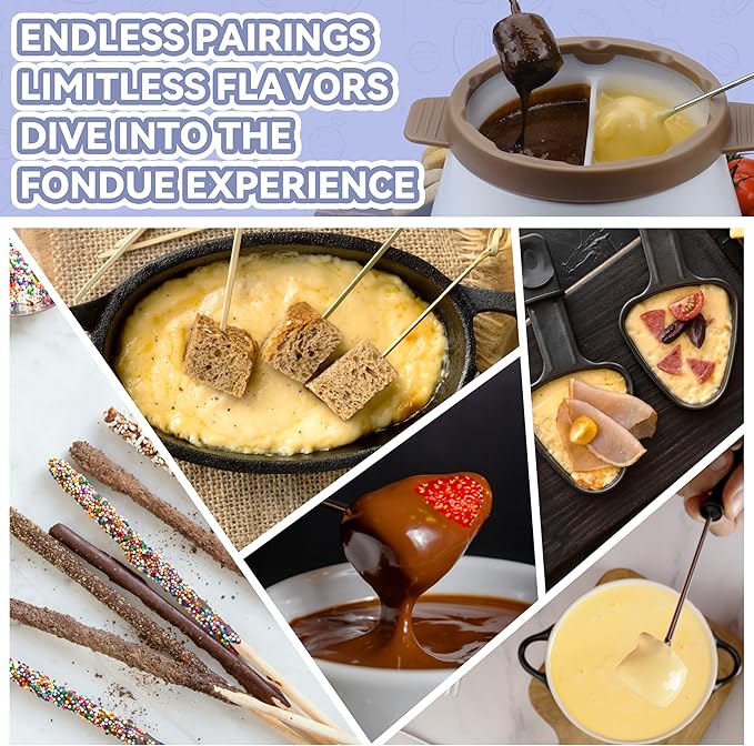 Electric Fondue Pot Set with 2 Pots, Melting Chocolate Warmer for Dipping, Candy & Chocolate Melting Pot, Fondue Pot Electric Set, Fondue Forks Included, 2.5 Cups, Brown