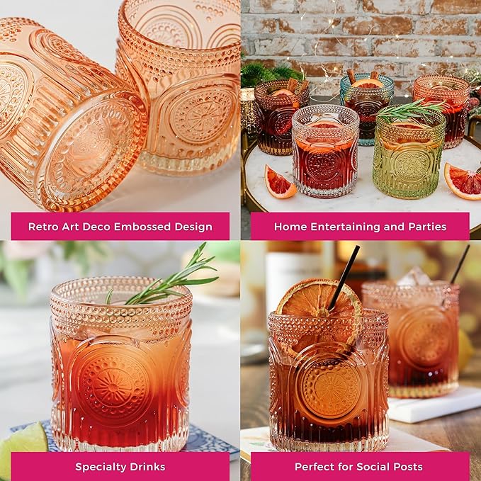 Kate Aspen Ribbed Retro Arch Floral Rose Gold Drinking Glasses Set of 6, (10 oz) Vintage Glassware Set Cocktail Glass Set, Juice Glass, Water Cups | Great Hostess Gift & Gift for New Home Owners