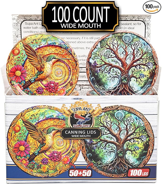 Supa Ant Wide Mouth Canning Lids (100pcs) Decorative Tin Canning Lids Wide Mouth (Wood Frame) Buckle Proof and Rust Proof - Perfect Fit Can Lid for Mason Jars Canning Supplies