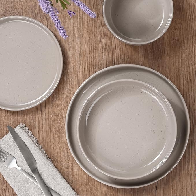 HaWare 16-Piece Plates and Bowls Set for 4, Stoneware Dinnerware Sets with Pasta Bowl, Dishes Set for Home Restaurant, Speckled Cream Coffee