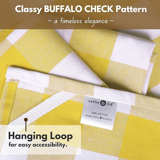 Native Fab Yellow Buffalo Dish Towel 16"x26", Set of 6 - Cotton Plaid Towels, Soft Absorbent Dishcloths with Hanging Loop, Kitchen Towels for Quick Drying - Yellow White