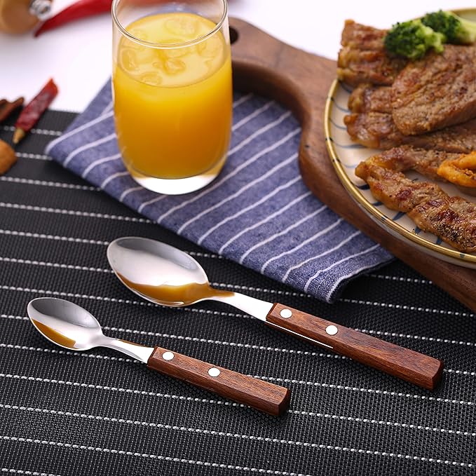 Forks and Spoons Silverware Set, HAPPY KIT Wooden Handle Flatware Set 8-Piece (2 Sets) 18/8 Stainless Steel Cutlery Set Wooden Spoons Dinner Knife Dinner Fork and Spoon Set